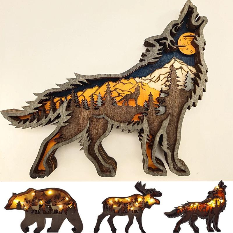 Christmas Wooden Decoration Animal Wolf Statue Miniature Wolf Totem Ornament Office Accessories Forest Ornament Animal Figurines
