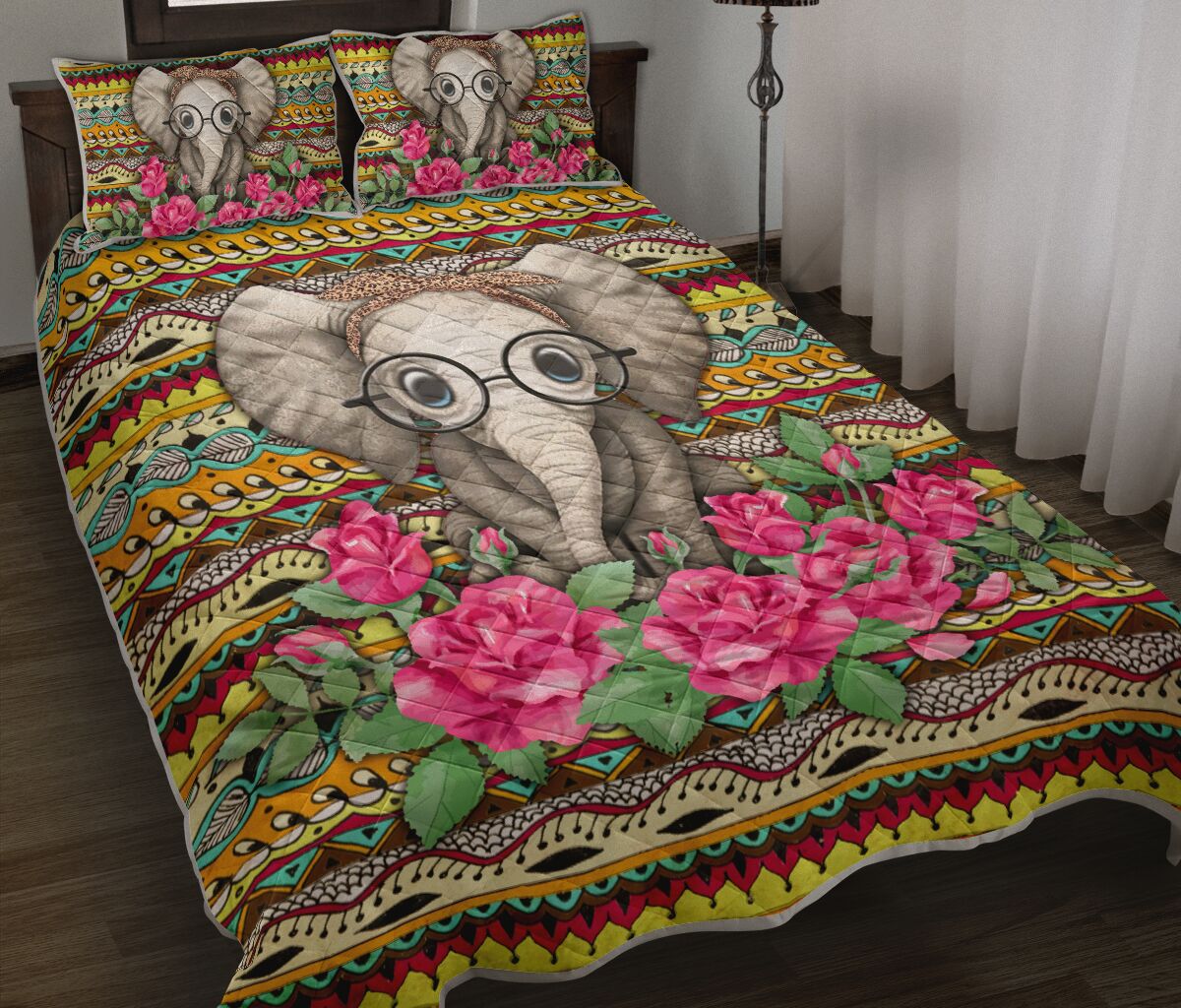 Elephant Rose Flower Boho Pattern Hd QBS Quilt Bedding Set Bedroom Decoration Twin/Queen/King Size Bedding