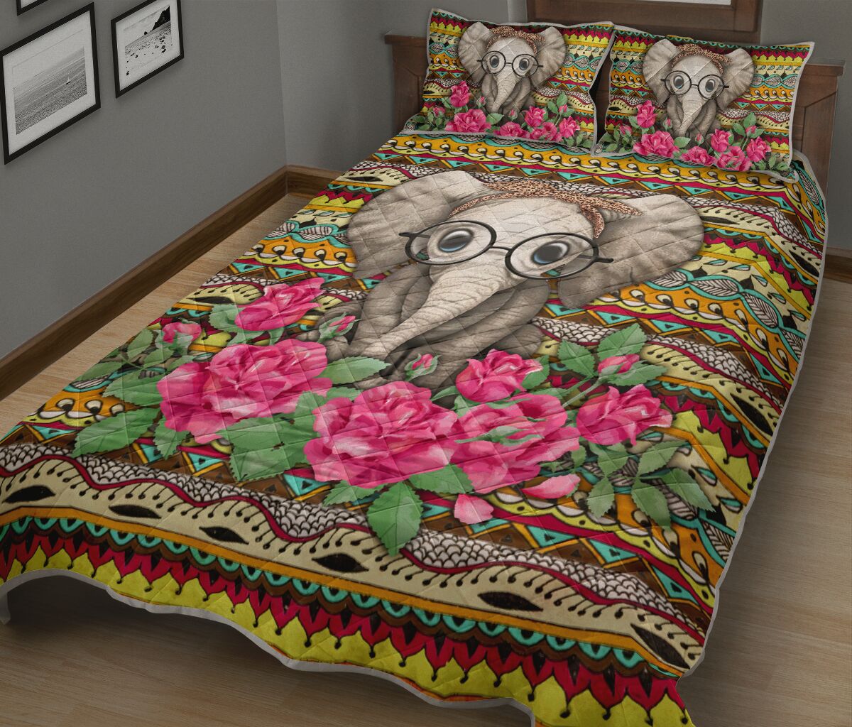 Elephant Rose Flower Boho Pattern Hd QBS Quilt Bedding Set Bedroom Decoration Twin/Queen/King Size Bedding