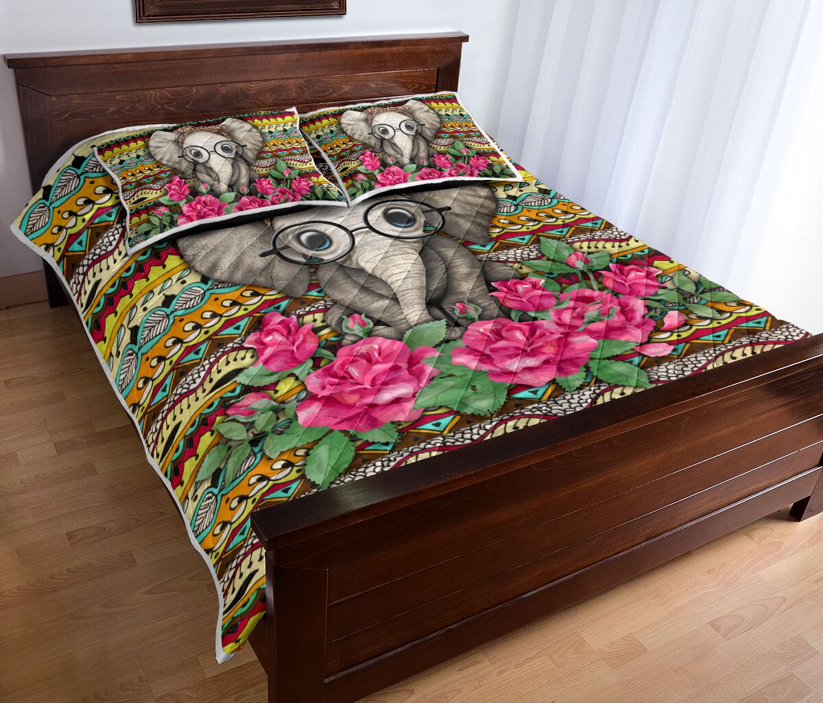 Elephant Rose Flower Boho Pattern Hd QBS Quilt Bedding Set Bedroom Decoration Twin/Queen/King Size Bedding