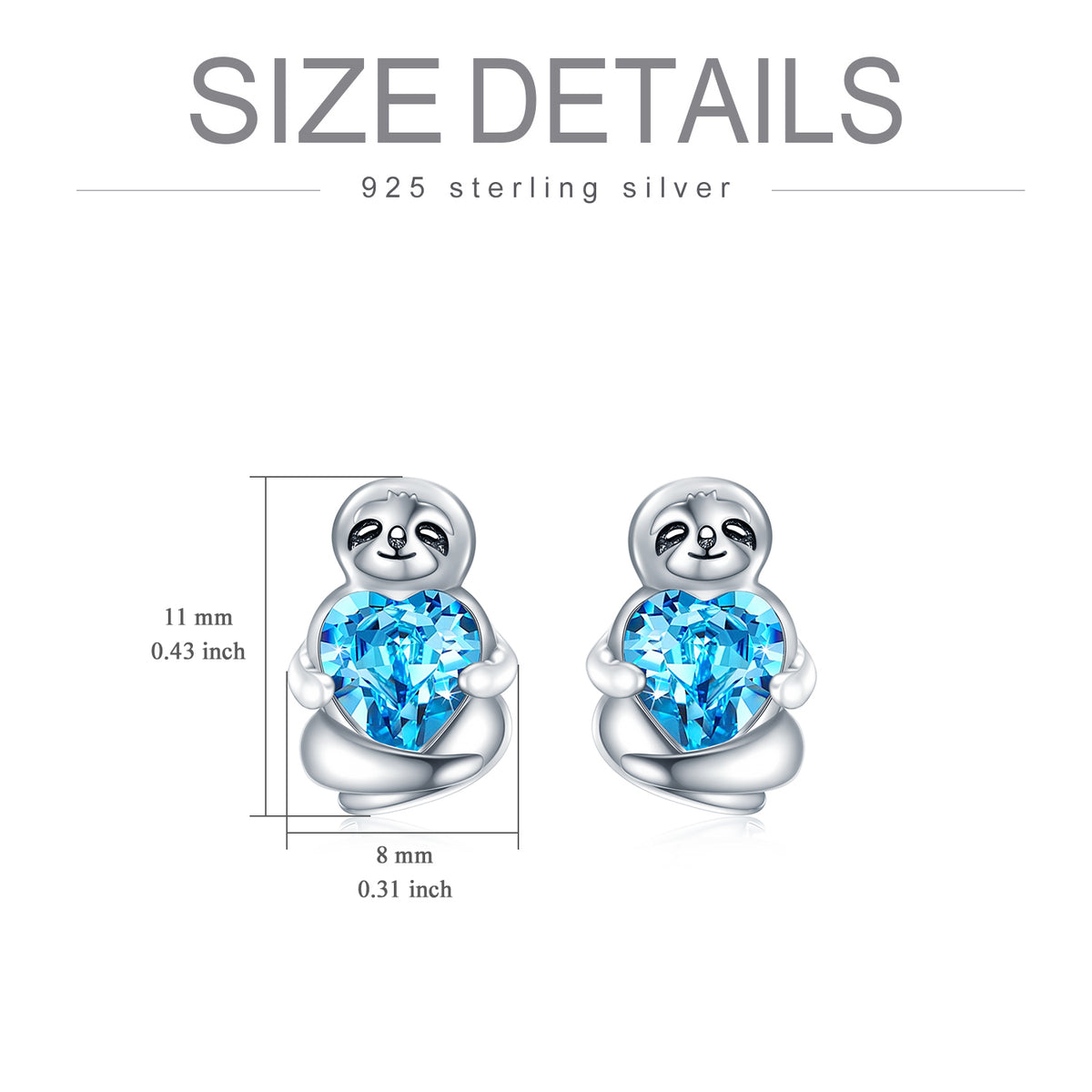 Sterling Silver Sloth Stud Earrings with Heart Blue Crystals Birthday Sloth Gifts for Women Her