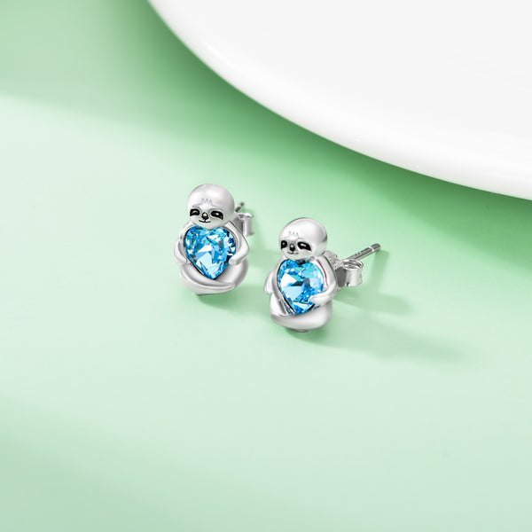 Sterling Silver Sloth Stud Earrings with Heart Blue Crystals Birthday Sloth Gifts for Women Her